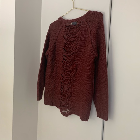 Burgundy Distressed Oversized Knit Sweater - Picture 6 of 11